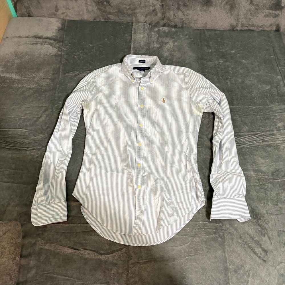 Ralph Lauren Shirt womens 4 Long Sleeve Button Down Stained Blue Stripe Flesh